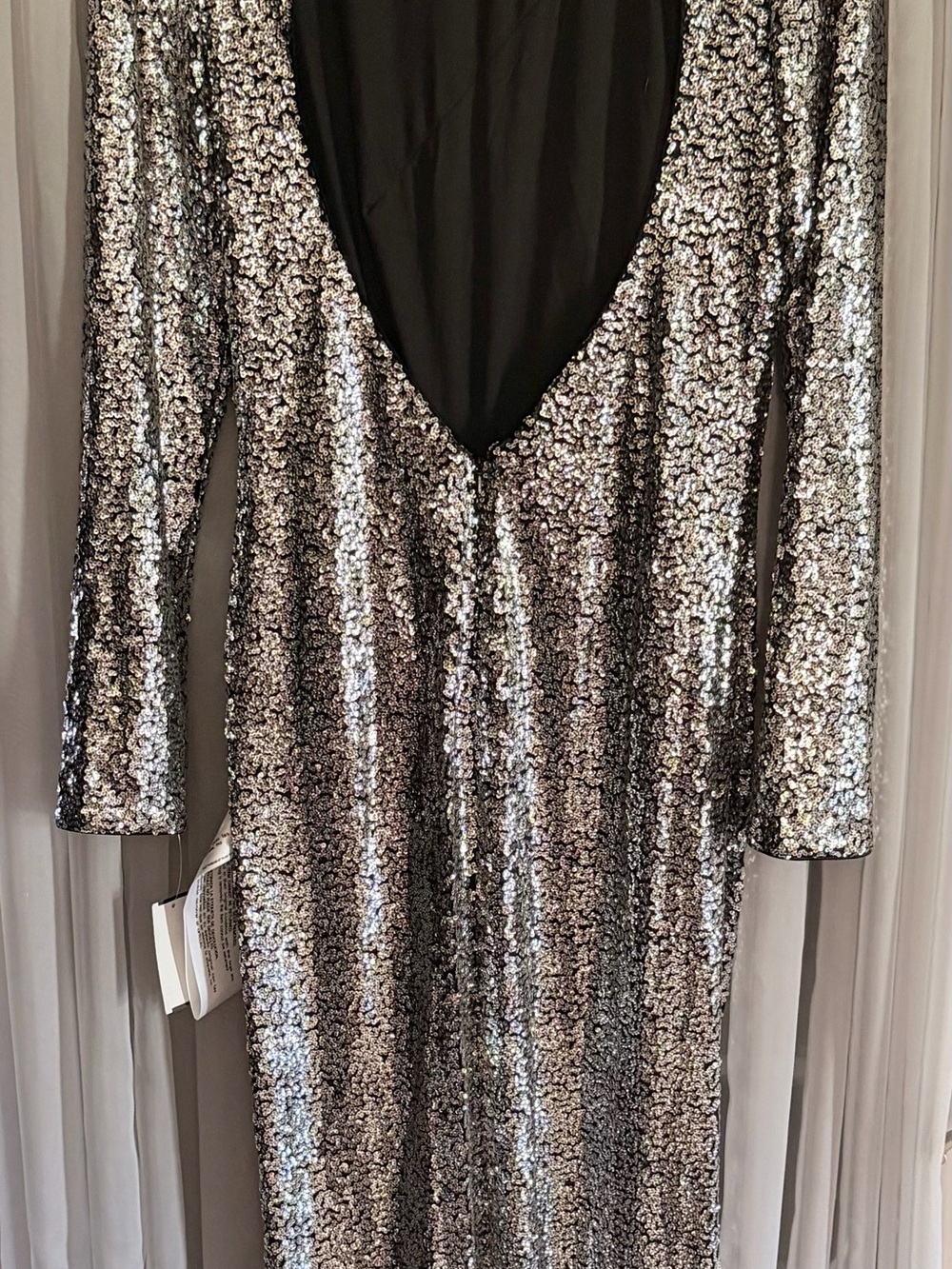 Tadashi Shoji Silver Sequin Long-Sleeve Open-Back Midi Dress Large New - Picture 5 of 9